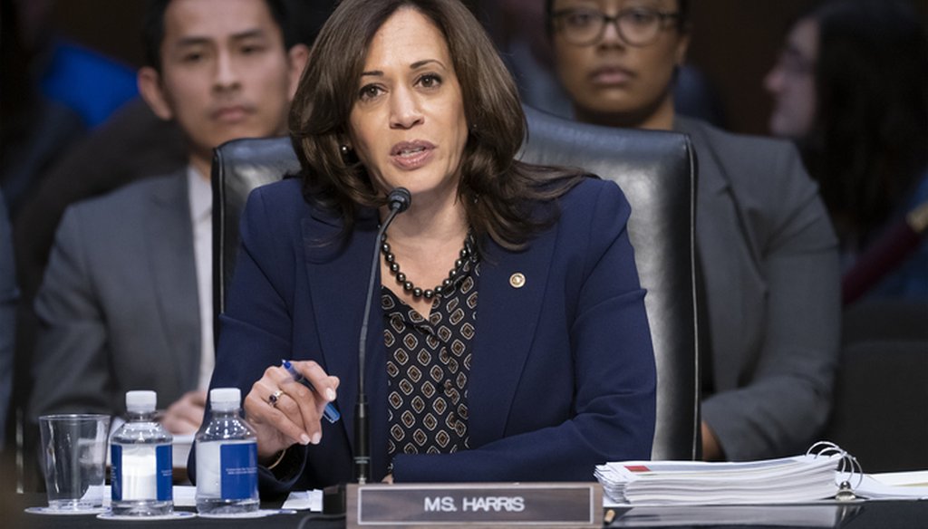 Sen. Kamala Harris, D-Calif., objects to advancing the nomination of Bill Barr to be attorney general, on Capitol Hill in Washington, Thursday, Feb. 7, 2019. (AP Photo/J. Scott Applewhite)
