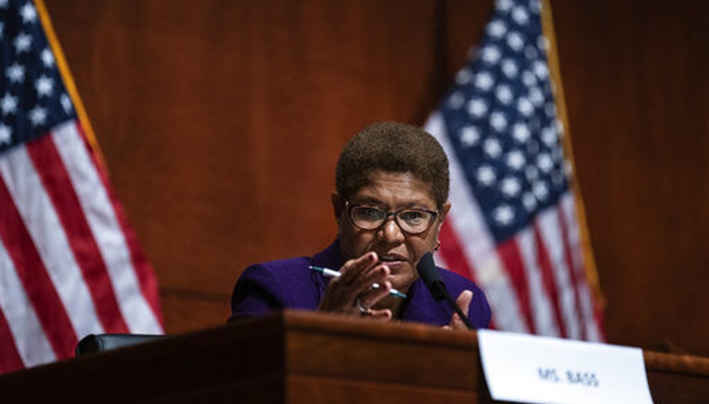 Rep. Karen Bass, D-Calif., speaks during a House Judiciary Committee hearing on proposed changes to police practices and accountability on Capitol Hill, Wednesday, June 10, 2020, in Washington. (AP)