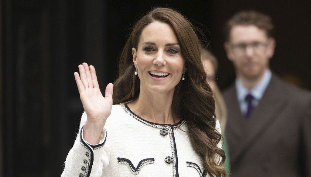 Britain's Kate, Princess of Wales, waves after a visit to re-open the National Portrait Gallery in London on June 20, 2023. (AP)