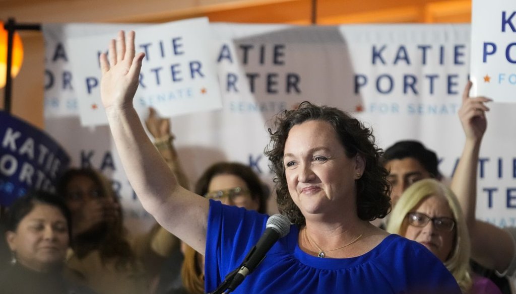 Rep. Katie Porter, D-Calif., waves at supporters at an election night party for her Senate bid on March 5, 2024, in Long Beach, Calif. (AP)