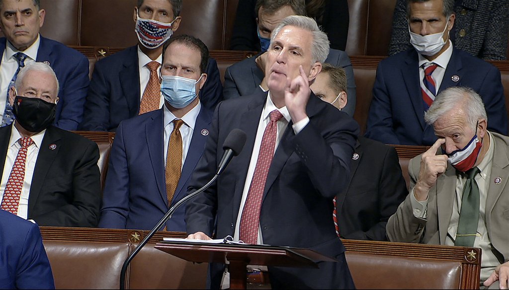 House Minority Leader Kevin McCarthy of Calif., speaks on the House floor during debate on the Democrats' expansive social and environment bill at the U.S. Capitol on Thursday, Nov. 18, 2021, in Washington. (House Television via AP)