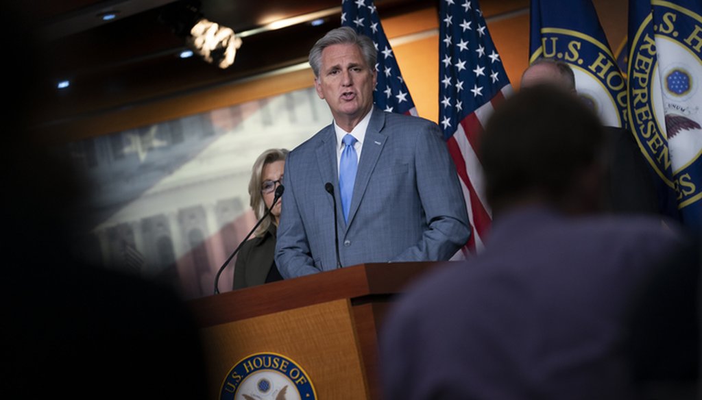 House Republican Leader Kevin McCarthy, R-Calif., speaks with reporters Dec. 17, 2019, at the Capitol in Washington, to prepare to defend President Donald Trump against articles of impeachment. (AP Photo/J. Scott Applewhite)