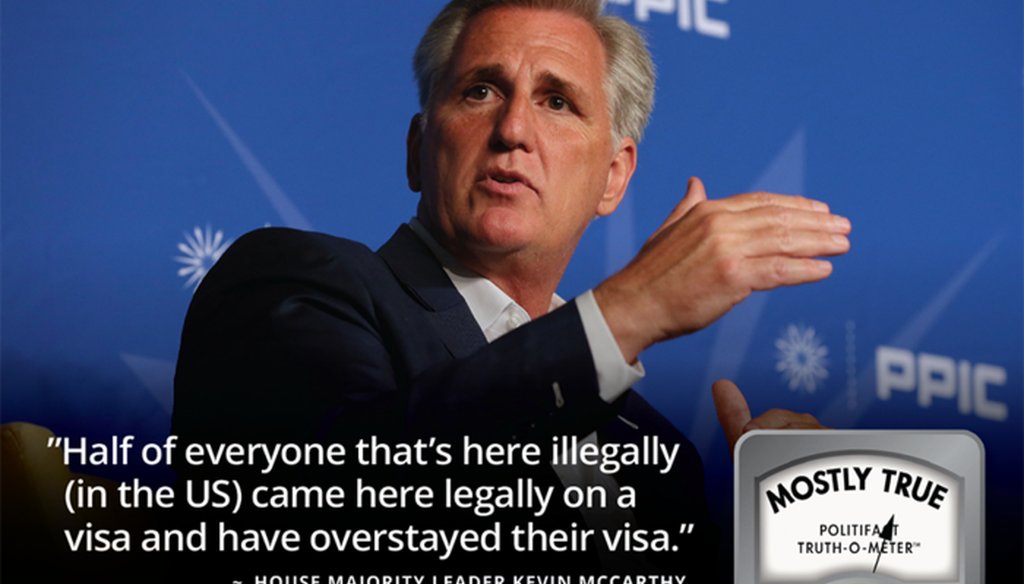 House Majority Leader Kevin McCarthy speaks in Sacramento at a Public Policy Institute of California event / Graphic by PolitiFact California
