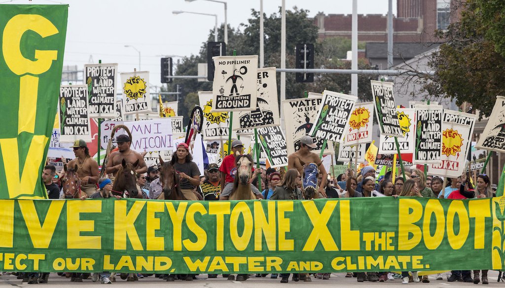Demonstrators against the Keystone XL pipeline march in Lincoln, Neb., Aug. 6, 2017. (AP)