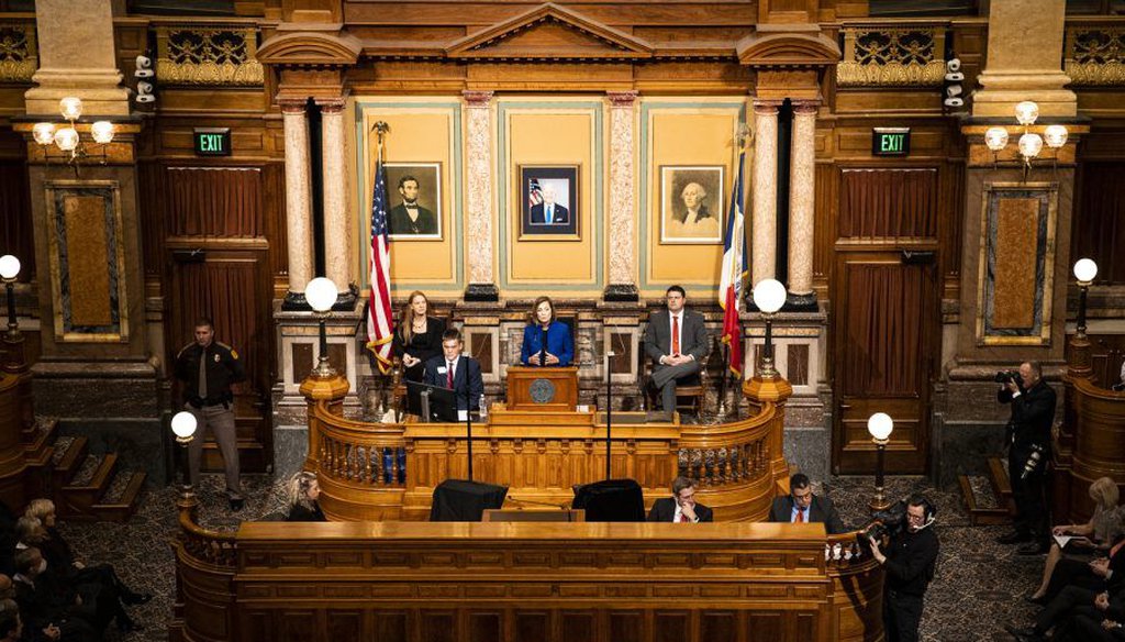 Gov. Kim Reynolds delivers a speech during the 2023 Condition of the State at the Iowa State Capitol in Des Moines on Tuesday, Jan. 10, 2023. (Jerod Ringwald)