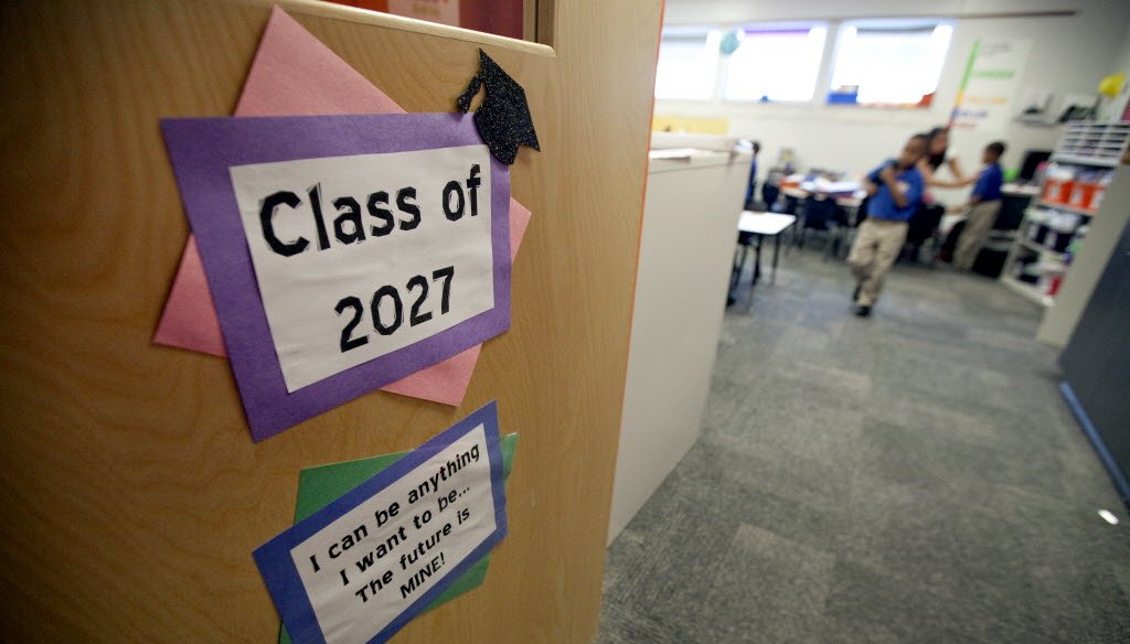 Signs on the door of a kindergarten classroom in Milwaukee welcome students on the first day of school in 2014. (Milwaukee Journal Sentinel)