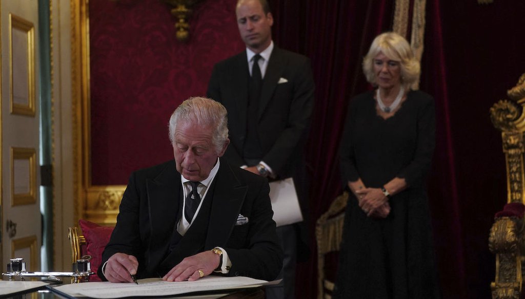 King Charles III signs an oath to uphold the security of the Church in Scotland during the Accession Council at St James's Palace in London on Sept. 10, 2022. (AP)