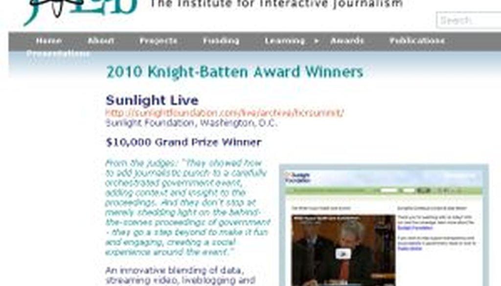 The Obameter was one of six winners of the Special Distinction award. The grand prize winner was Sunlight Live, a project of the Sunlight Foundation.
