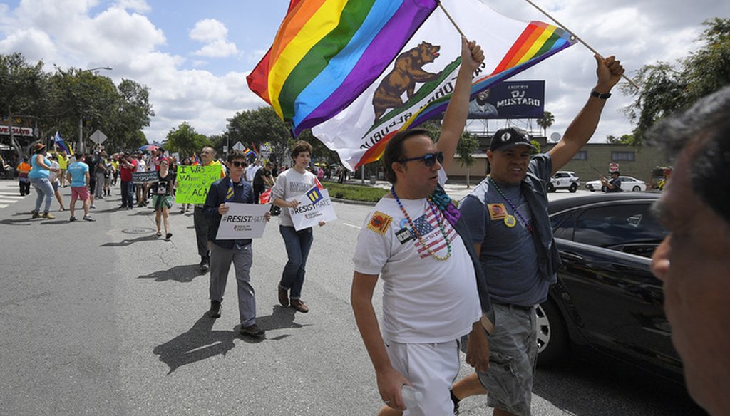 Supporters march during the Los Angeles LGBTQ #ResistMarch, Sunday, June 11, 2017, in West Hollywood, Calif. (AP Photo/Mark J. Terrill)
