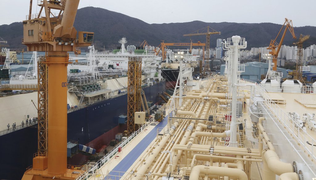 Liquefied natural gas carriers under construction in South Korea in 2018. Some U.S. lawmakers say expanded American natural gas exports are the key to cutting global carbon emissions, but others see more costs than benefits. (AP)