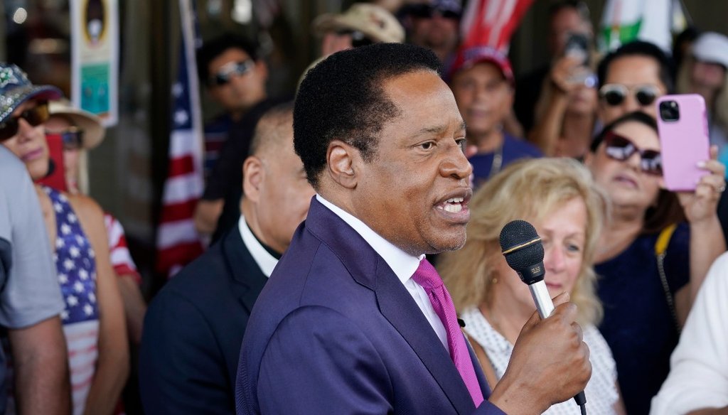 California GOP recall candidate and conservative radio talk show host Larry Elder speaks to supporters during a campaign stop in Norwalk, Calif. (AP Photo/Marcio Jose Sanchez, File)