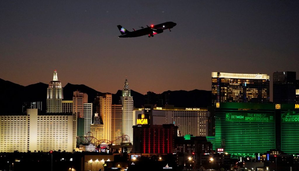 A plane takes off from Harry Reid International Airport near the Las Vegas Strip on Sept. 29, 2021. (AP)