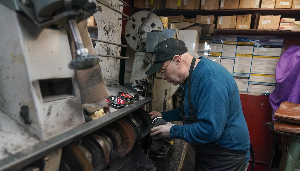 Small Business Shoeshine Stands Jairo Cardenas owner the Alpha Shoe Repair Corp., polishes a boot he is repairing, Friday, Feb. 3, 2023, in New York. (AP)