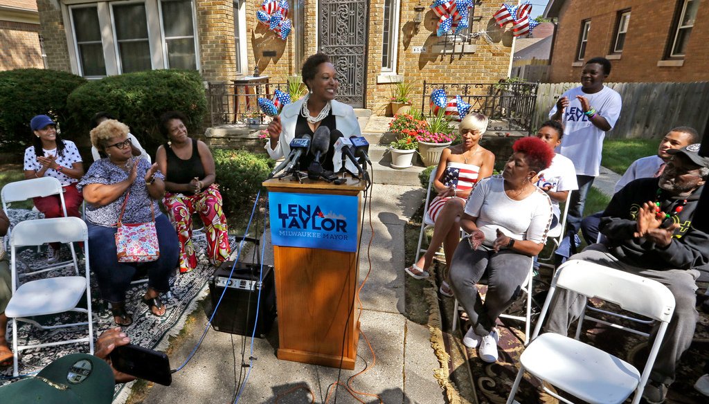 With supporters and friends at her side, State Sen. Lena Taylor announces her candidacy for Milwaukee Mayor from her home Tuesday, September 3, 2019 (Milwaukee Journal Sentinel photo)