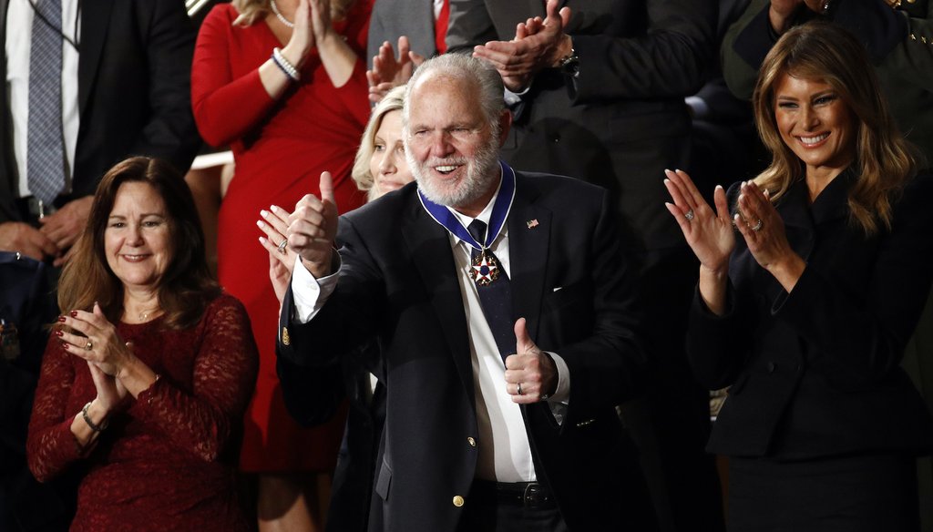 Rush Limbaugh reacts after first Lady Melania Trump presented him with the the Presidential Medal of Freedom as President Donald Trump delivers his State of the Union address (AP)