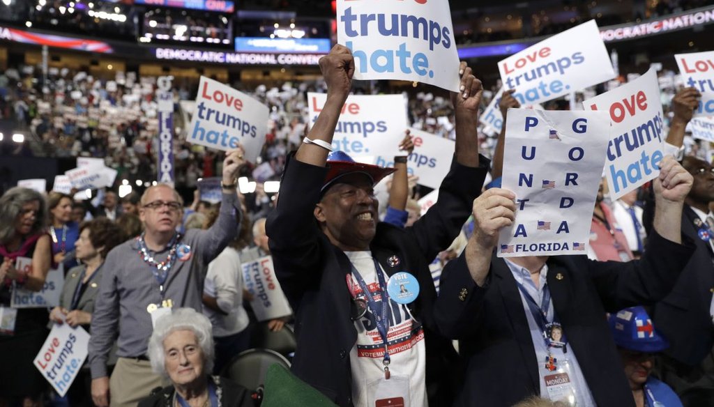 Florida delegates cheer during the first day of the Democratic National Convention in Philadelphia. (AP)