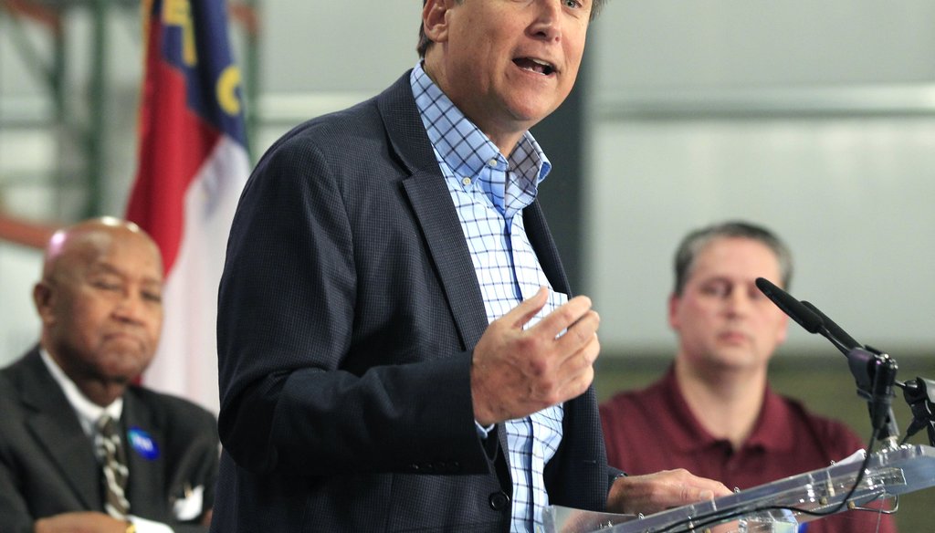Governor Pat McCrory talks to the assembled supporters as he launches his reelection campaign during an event at Salem One in Kernersville, N.C., Wednesday, Dec. 2, 2015.
