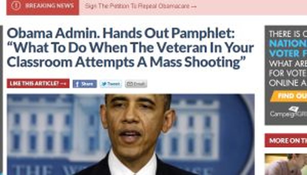 The website Mr. Conservative ran a post headlined, "Obama Admin. Hands Out Pamphlet: “What To Do When The Veteran In Your Classroom Attempts A Mass Shooting."