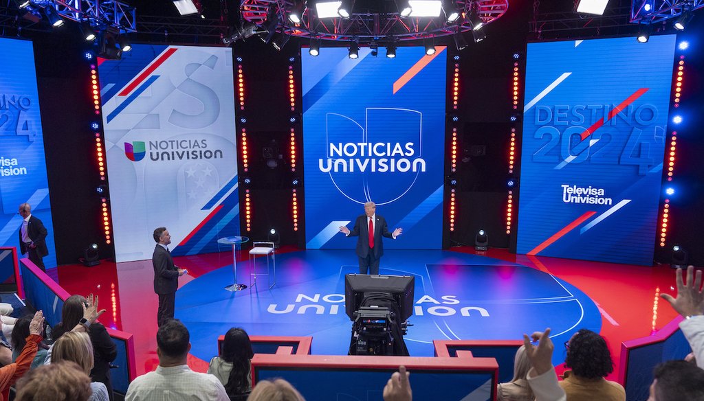 Republican presidential nominee former President Donald Trump speaks during a commercial break during a Noticias Univision town hall, Oct. 16, 2024, in Doral, Fla. (AP)