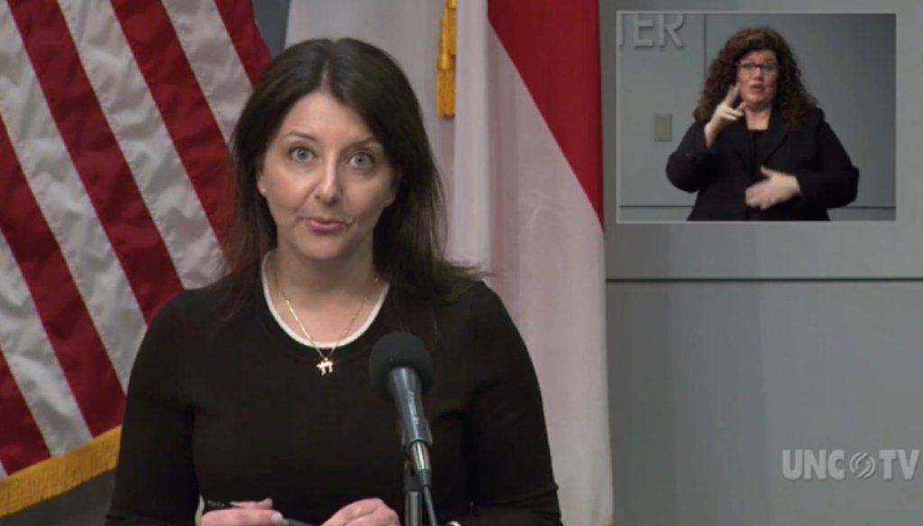 North Carolina health secretary Mandy Cohen speaks at a press conference in Raleigh on April 20, 2020. (screenshot UNCTV)