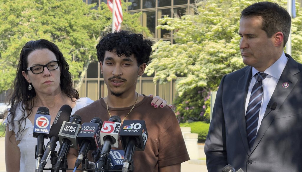 Marcelo Gomes da Silva, 18, a Massachusetts high school student who came to the U.S. from Brazil as a child and was detained by ICE May 31, 2025, speaks to reporters as Rep. Seth Moulton, D-Mass., looks on. (AP)
