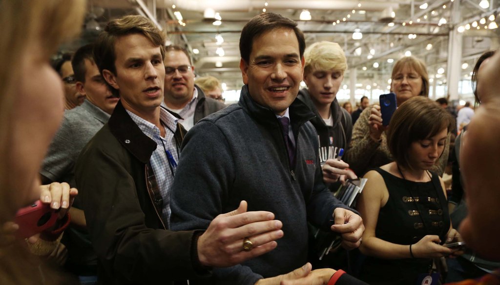 Presidential hopeful Marco Rubio makes his way through the crowd during a Republican Party of Iowa event on Oct. 31, 2015 in Des Moines.