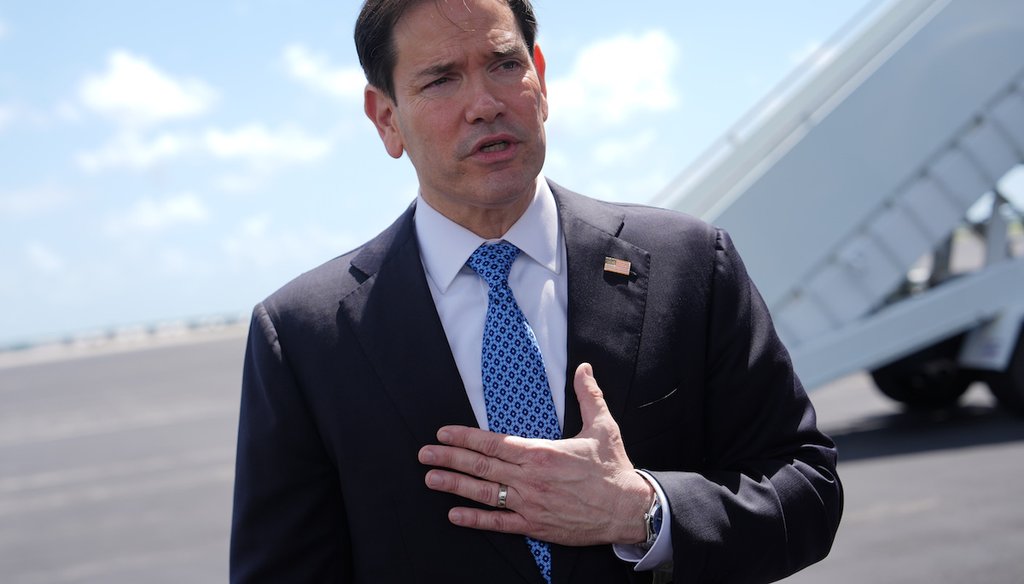 Secretary of State Marco Rubio speaks to the press before boarding his plane at Homestead Air Reserve Base on May 21, 2026 (AP)