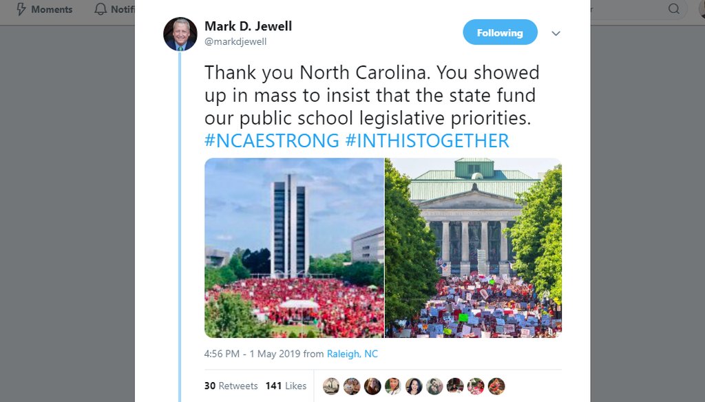 Mark Jewell, president of the NC Association of Educators, tweeted this photo of the "red for ed" crowd on Halifax Mall on May 1, 2019. The photo had been doctored.