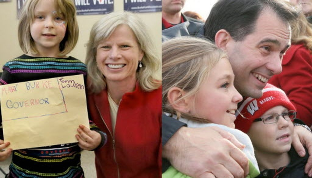 Democratic nominee Mary Burke and Republican Gov. Scott Walker posed for pictures with children while campaigning on Nov. 2, 2014, two days before Wisconsin's gubernatorial election.