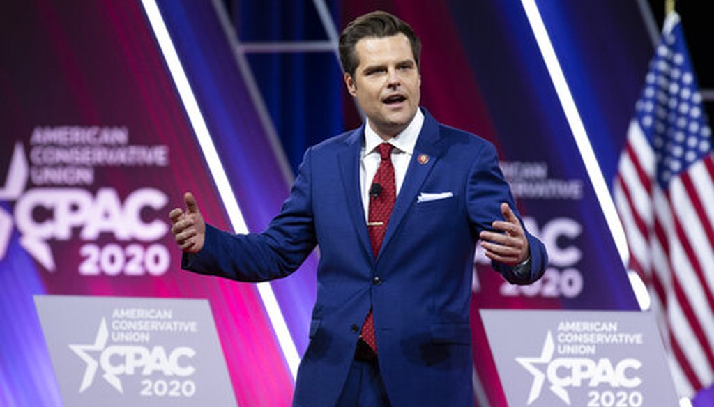 Rep. Matt Gaetz, R-Fla., speaks during Conservative Political Action Conference, CPAC 2020, at the National Harbor, in Oxon Hill, Md., Thursday, Feb. 27, 2020. (AP)