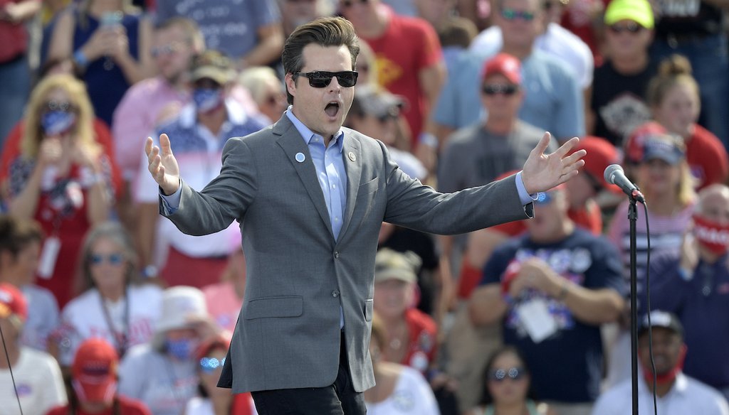 Rep. Matt Gaetz, R-Fla., addresses the crowd during a President Donald Trump campaign rally at the Ocala International Airport, Friday, Oct. 16, 2020, in Ocala, Fla. (AP)