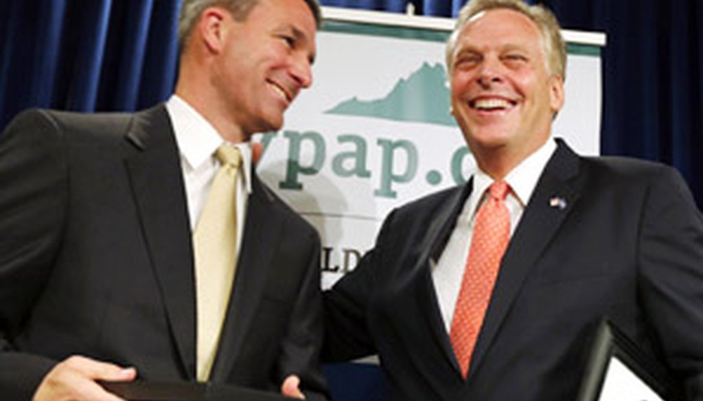 Gubernatorial candidates Ken Cuccinelli, left, and Terry McAuliffe shared a relaxed moment at a recent luncheon.