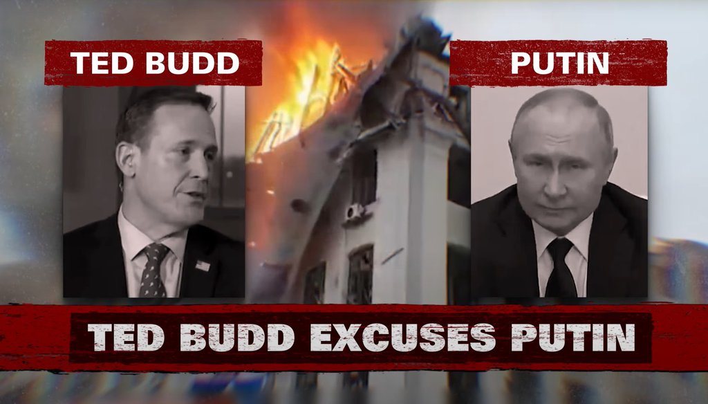 A new campaign ad by U.S. Senate candidate Pat McCrory accuses U.S. Rep. Ted Budd, his opponent in the GOP primary, of excusing Russia's actions in Ukraine. (Screenshot)