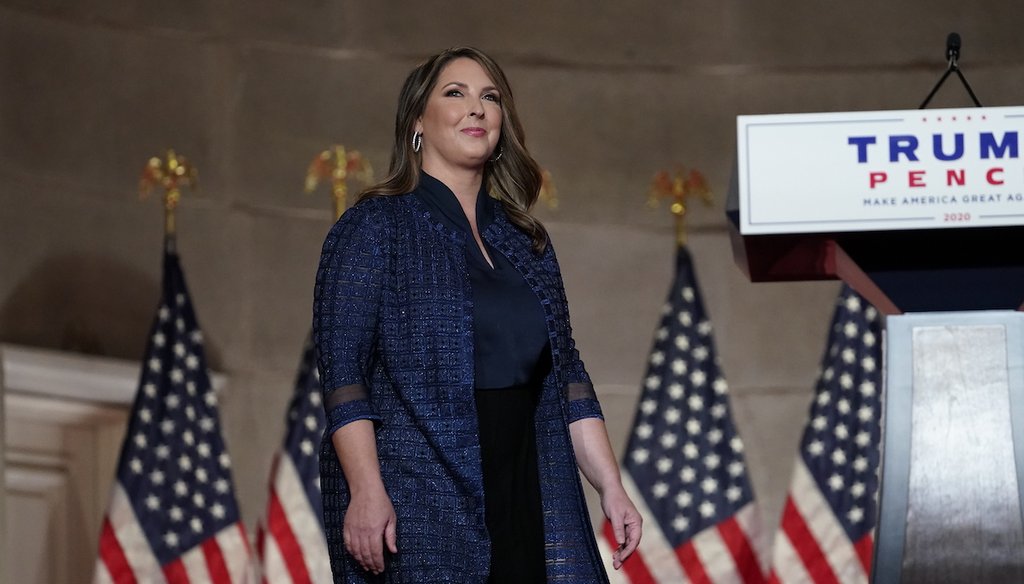 Republican National Committee Chairwoman Ronna McDaniel arrives to speak during the Republican National Convention from the Andrew W. Mellon Auditorium in Washington, Monday, Aug. 24, 2020. (AP)