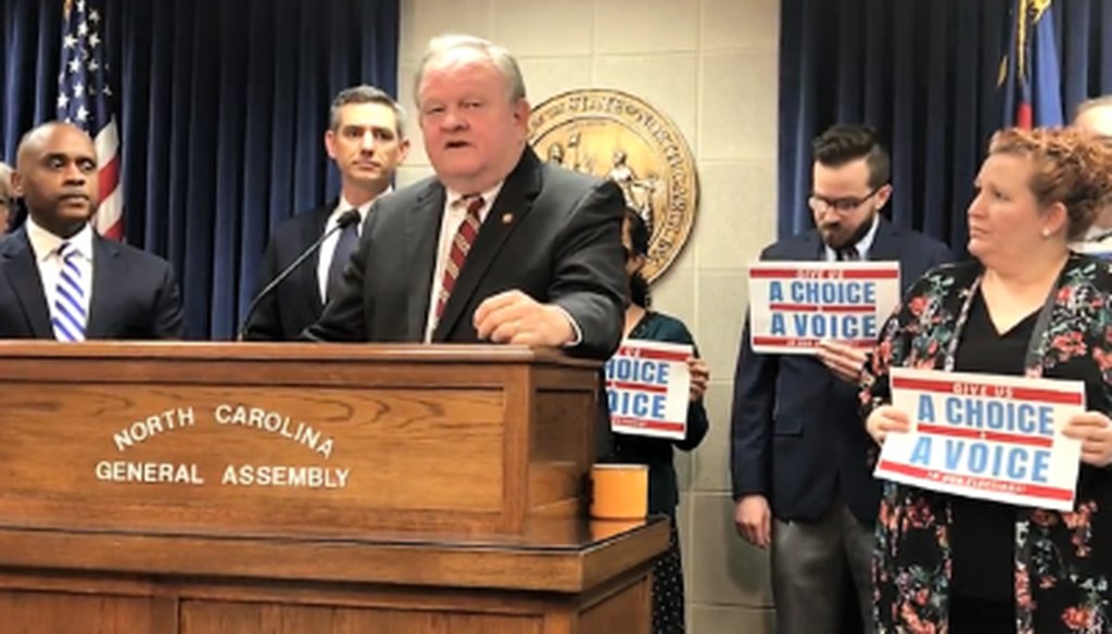 NC Rep. Chuck McGrady advocates for his nonpartisan redistricting bill during a press conference on Feb. 13, 2019 (Will Doran/News & Observer)