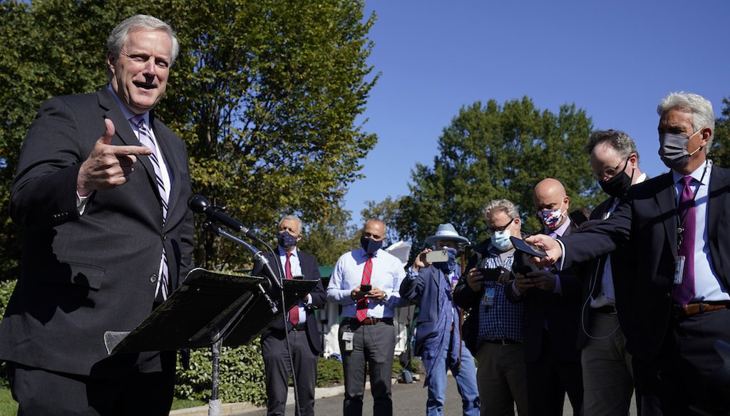 White House Chief of Staff Mark Meadows speaks with reporters at the White House about President Donald Trump's COVID-19 status. (AP Photo/Alex Brandon)