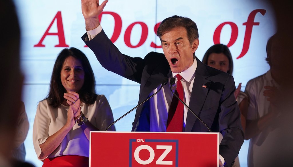 Mehmet Oz, a Republican candidate for U.S. Senate in Pennsylvania, speaking at a primary night election gathering in Newtown, Pa., on May 17, 2022. His wife, Lisa, is behind him. (AP)