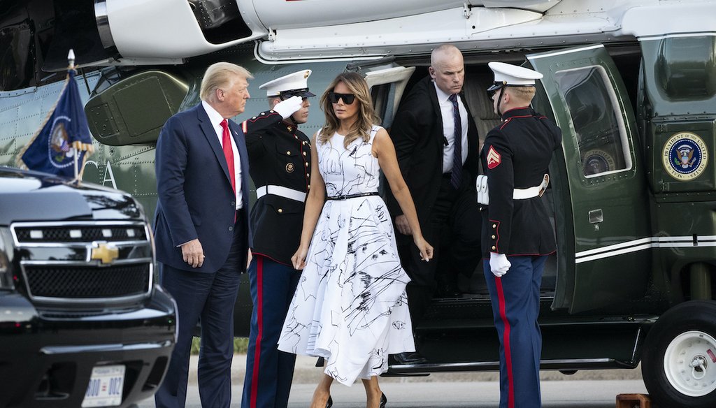 President Donald Trump, accompanied by first lady Melania Trump, step off Marine One as they arrive at Mount Rushmore National Memorial, Friday, July 3, 2020, near Keystone, S.D. (AP)