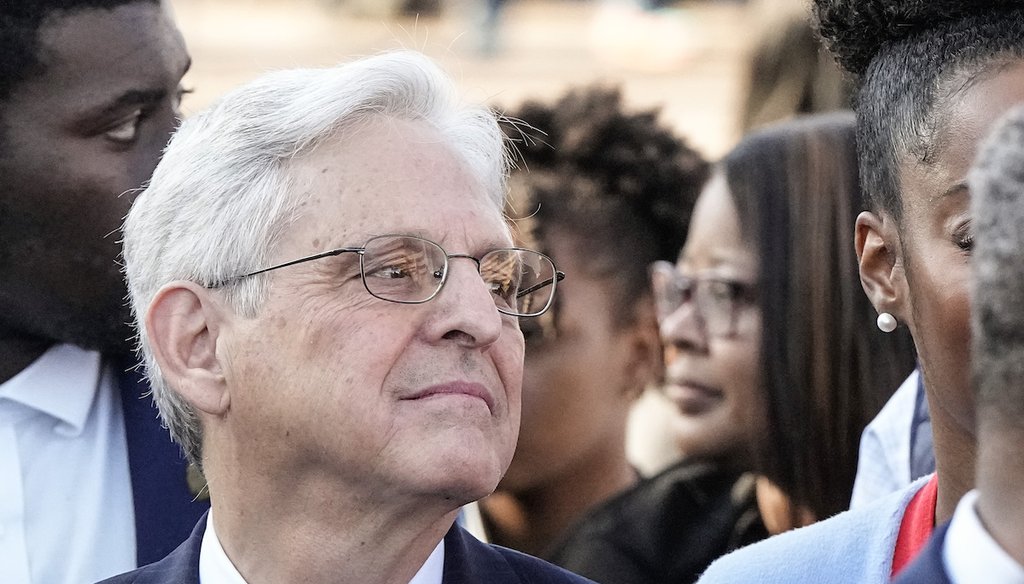 United States Attorney General Merrick Garland stands with marchers commemorating the 59th anniversary of the Bloody Sunday voting rights march on March 3, 2024, in Selma, Ala. (AP)