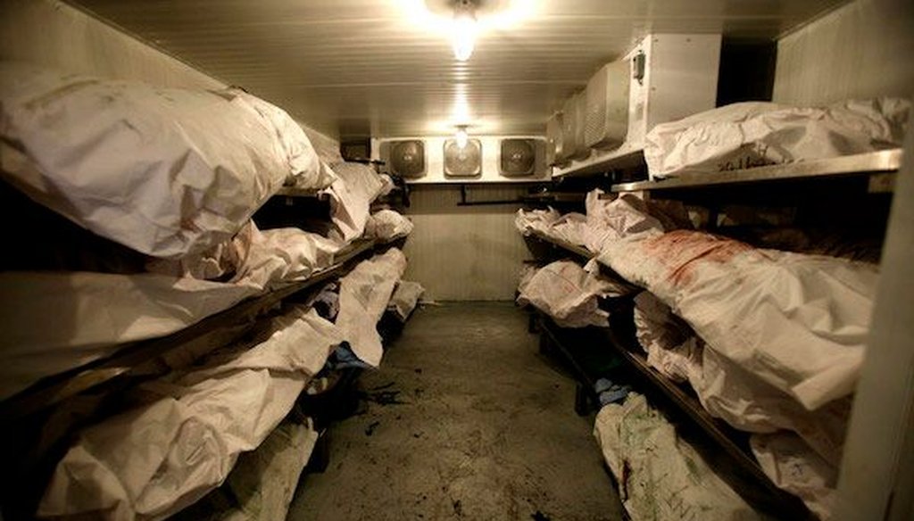This photograph purportedly showing a morgue full of bodies in Slovyansk, Ukraine, was published on a Russian website, then went viral. But the image actually showed a morgue in Mexico during the drug wars in 2009. (AP/Guillermo Arias)
