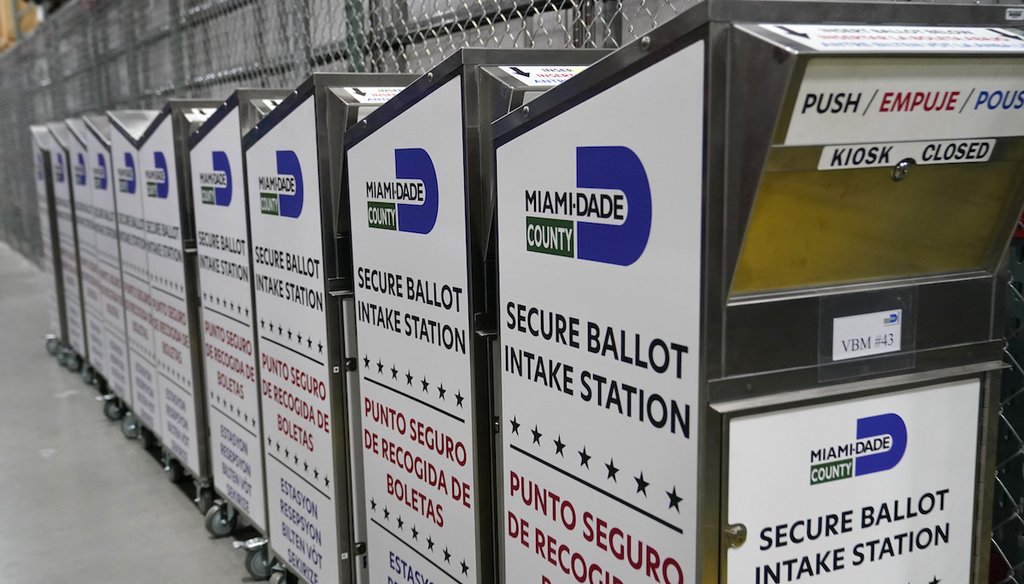Ballot boxes are lined up as employees test voting equipment at the Miami-Dade County Elections Department, Wednesday, Oct. 19, 2022, in Miami, in advance of the 2022 midterm elections on Nov. 8. (AP)