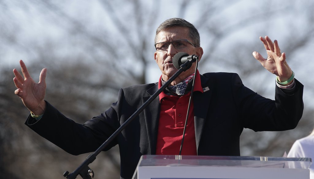 Michael Flynn speaks to a Trump rally on Dec. 12, 2020. (AP)