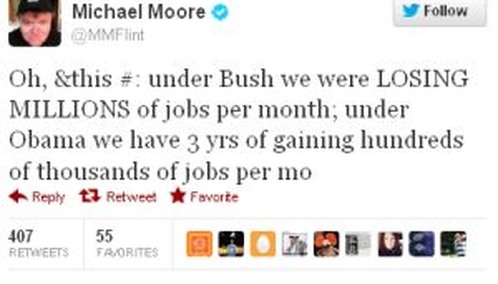 On the day of the final release of monthly job statistics before Election Day, Michael Moore sent this tweet to his 1.2 million followers.