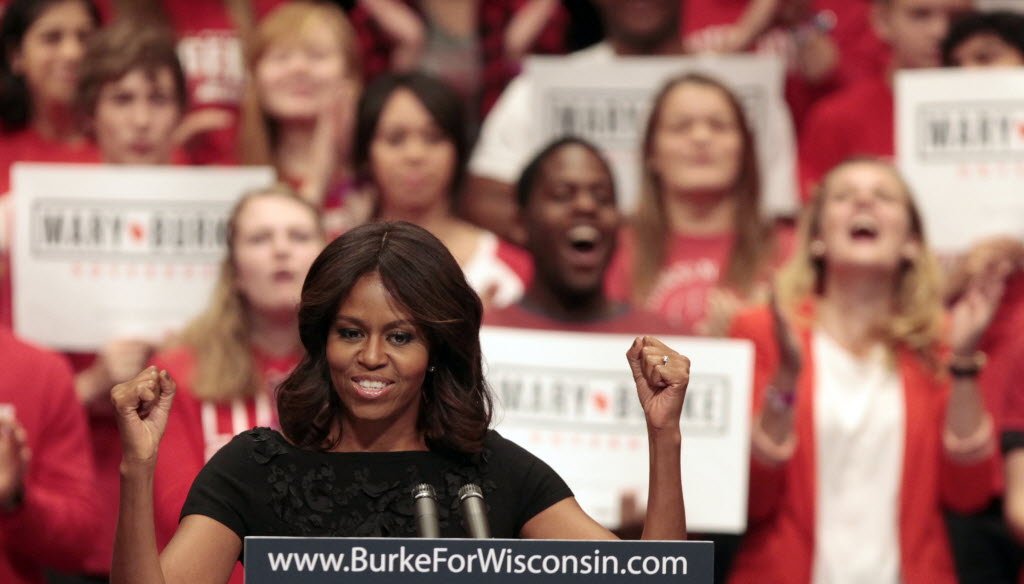 The first lady touted her husband's accomplishments while campaigning in Madison for Wisconsin gubernatorial candidate Mary Burke.