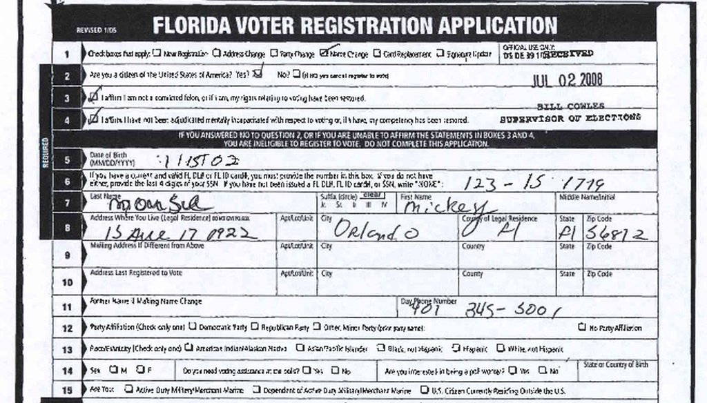 Mickey Mouse wasn't too creative when filling out his voter registration application.