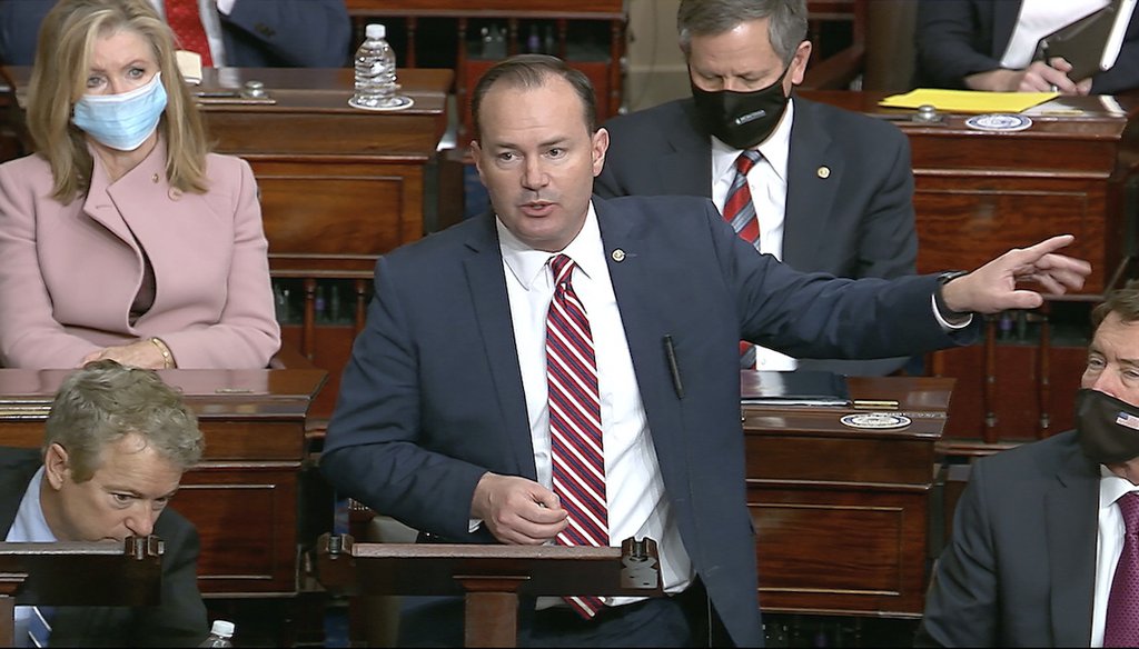 In this image from video, Sen. Mike Lee, R-Utah, speaks as the Senate reconvenes after protesters stormed into the U.S. Capitol on Jan. 6, 2021. (AP)