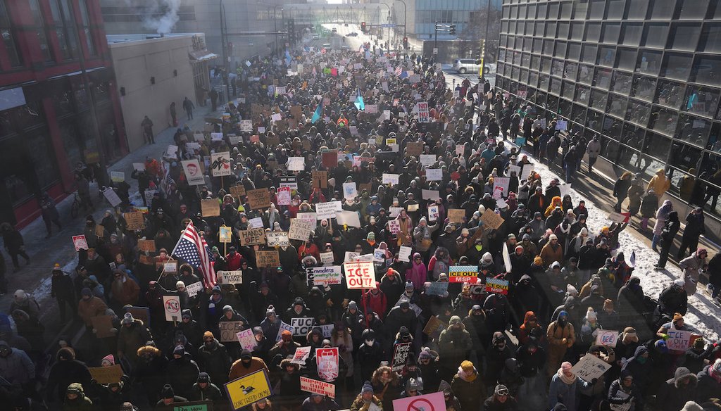 People protest U.S. Immigration and Customs Enforcement in downtown Minneapolis, Jan. 25, 2026. (AP)