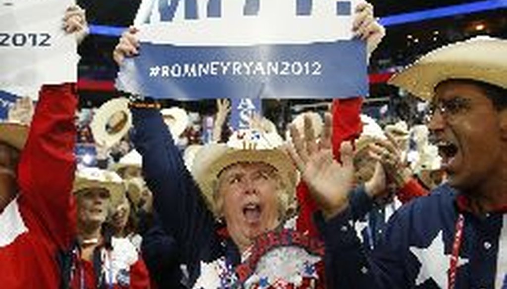 Texas delegates cheer as Mitt Romney is nominated as the GOP candidate for president at the Republican National Convention in Tampa, Fla. Tuesday.