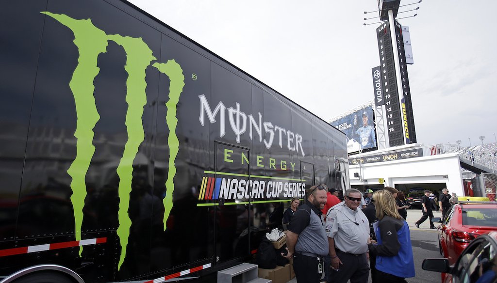 A NASCAR trailer displays the new sponsor for its series, Monster Energy drink ,in the garage area at Daytona International Speedway in Daytona, Florida. Feb. 18, 2017 (AP)