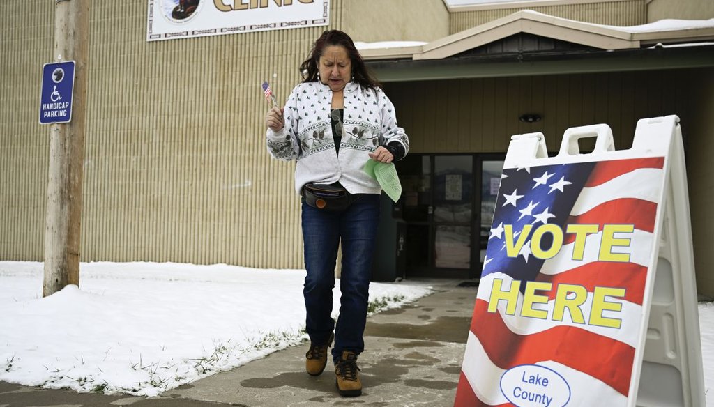 Sherry Kenmille leaves the Elmo Clinic on the Flathead Indian Reservation in Elmo, Mont., on Election Day, Nov. 8, 2022. (AP)